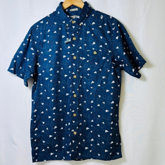 *NWT* Duluth Trading Co Shirt Mens Medium Blue Paper Airplane Untucked Slim Fit - Picture 2 of 4